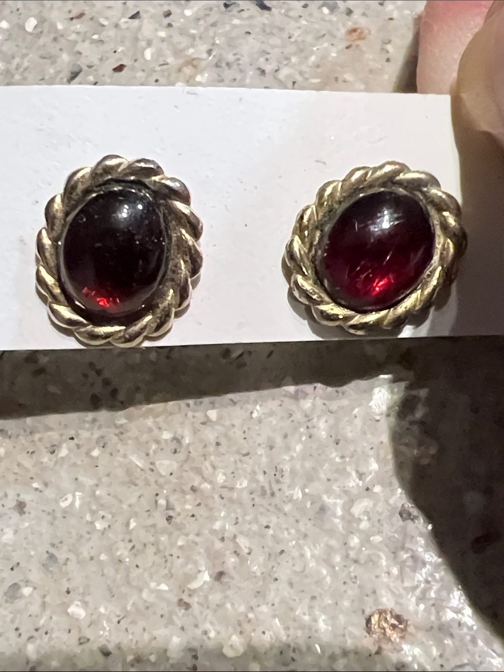 Gold-Tone Twisted Frame Garnet Red Cabochon Stud Earrings